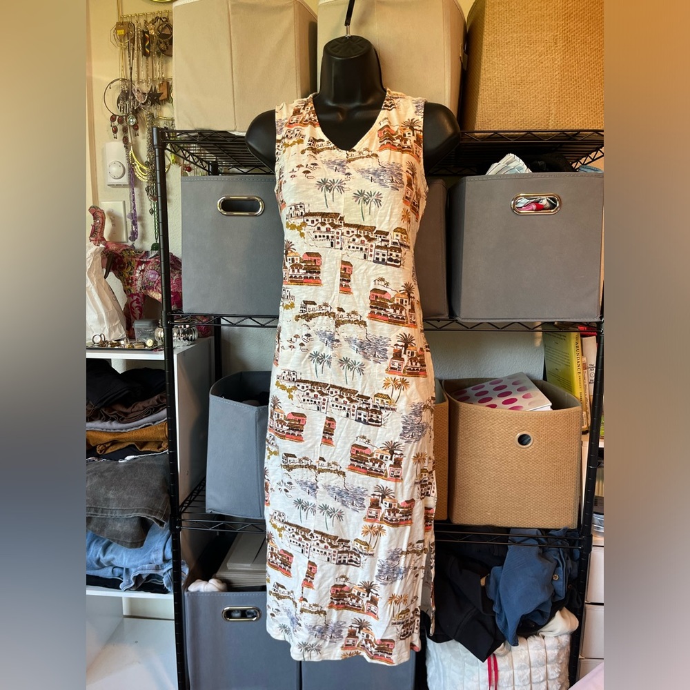 Natural Reflections Neutral Cream Maxi Dress with Brown & Blue Scenic Print